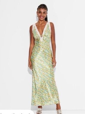 Wild Fable Satin Lace Trim Midi Slip Dress – Floral
